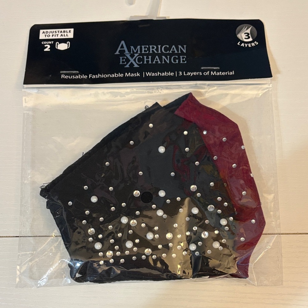 American Exchange Black & Burgundy Face Masks with Pearl Studs - 2 Pack